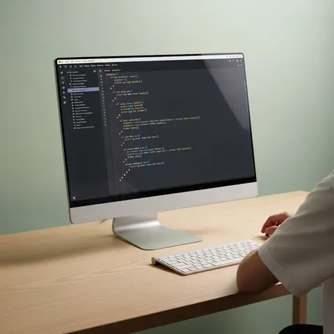 A developer's desk with code open on a desktop monitor