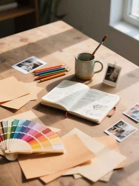 An overhead view of a designer's desk with sketchbook, colour swatches and pencils