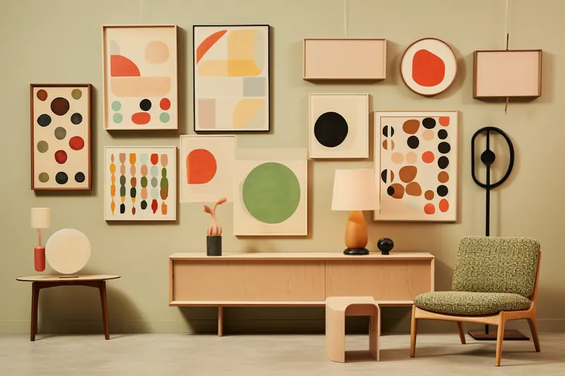 A gallery wall of abstract prints above a mid-century sideboard