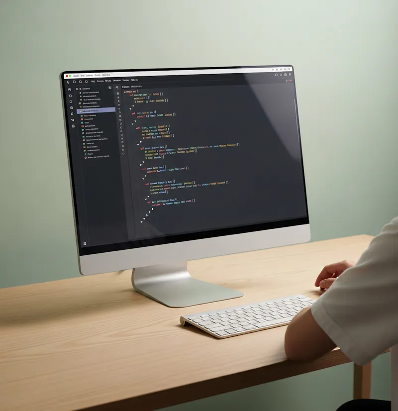 A developer at a desk with code open on a desktop monitor