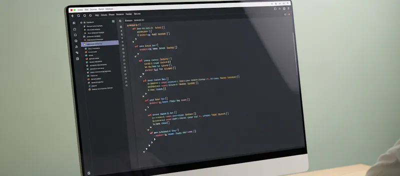 A developer at a desk with code open on a desktop monitor