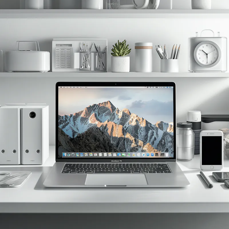 A laptop on a bright white desk beneath shelves of minimal objects